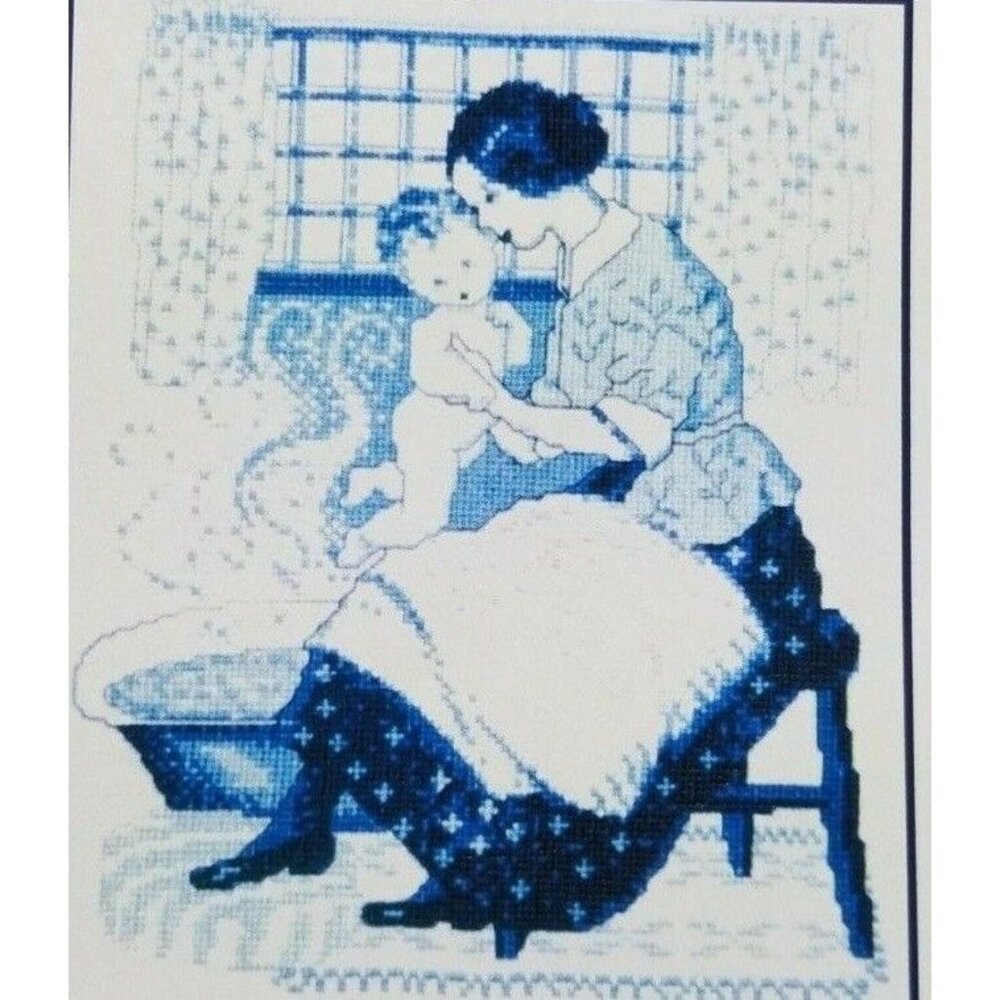 Cross Stitch Kit Mother & Baby Sleepyheads Bathtime Blue White by Amathusia
